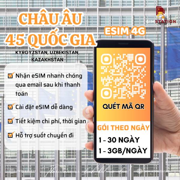 eSIM Châu Âu 45 Nước : Kyrgyzstan, Uzbekistan, Kazakhstan - Gói Theo Ngày