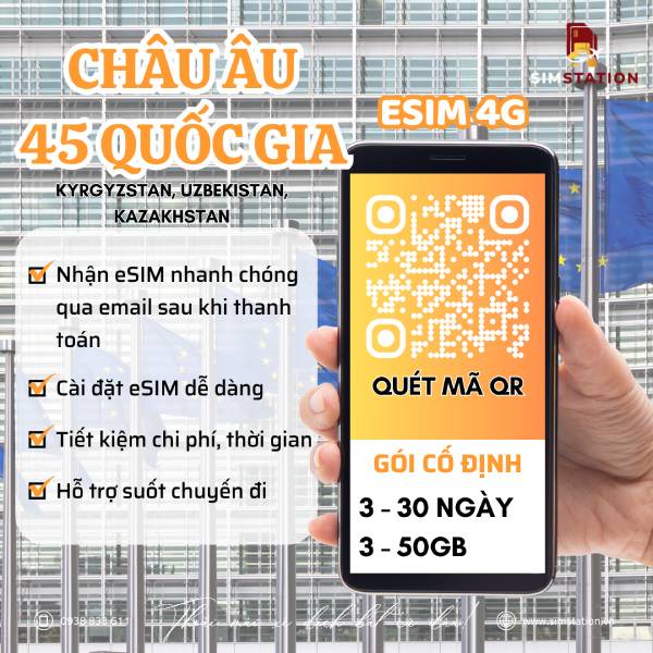 eSIM Châu Âu 45 Nước : Kyrgyzstan, Uzbekistan, Kazakhstan - Gói Cố Định