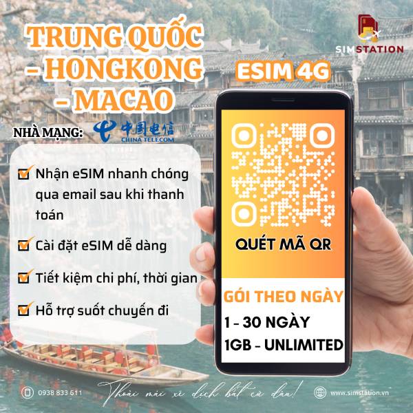 eSIM Trung Quốc - Hong Kong - Macao (China Telecom) - Gói Theo Ngày