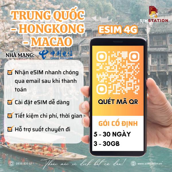 eSIM Trung Quốc - Hong Kong - Macao (China Telecom) - Gói Cố Định